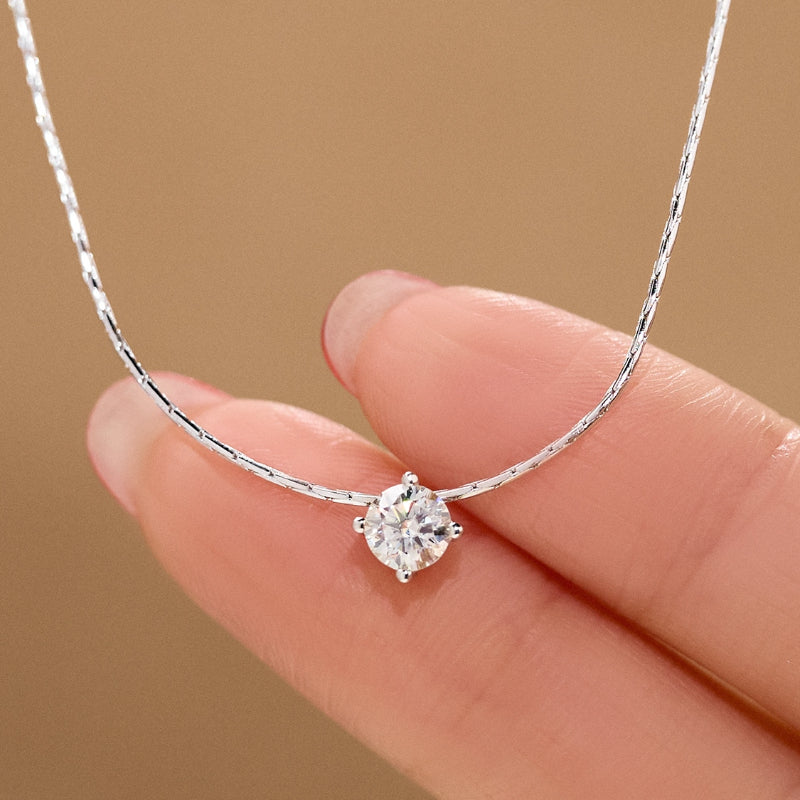 NerMoons 925 Silver Moissanite Pendant Necklace [Single Diamond Four-Prong] Simple and Classic