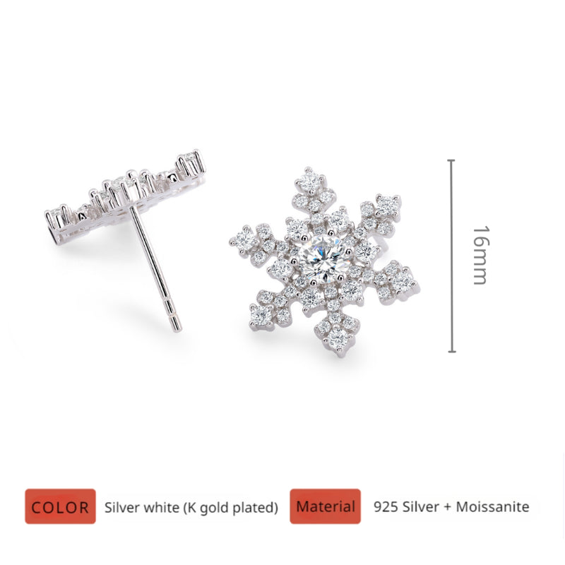 NerMoons 925 Silver Moissanite Earrings [Frozen Enchantment] Studs, Exquisite Diamond-Encrusted Snowflake Design