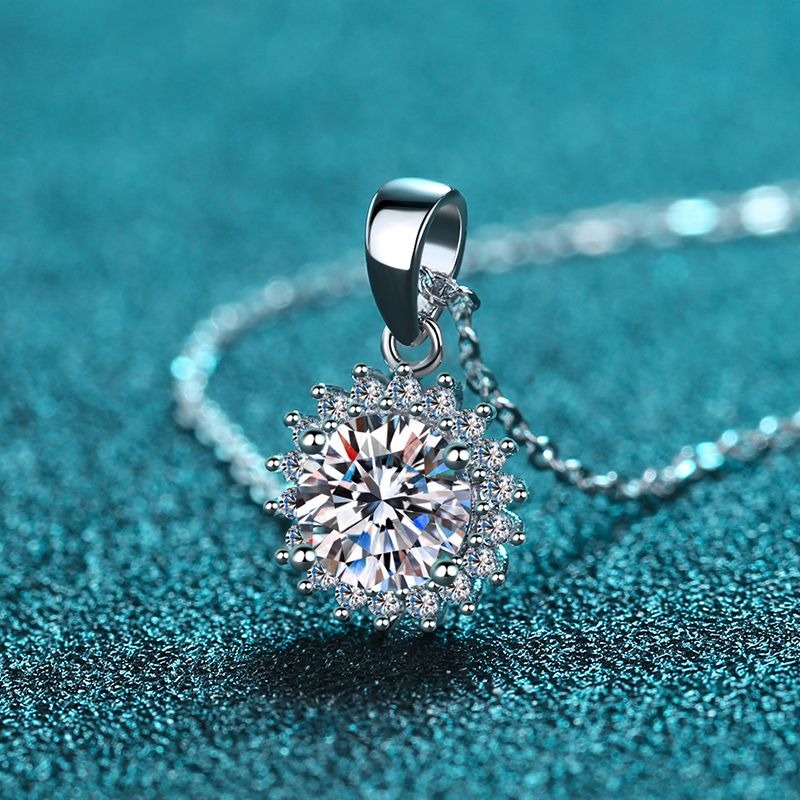 Round Cut Moissanite Sunflower Necklace in Sterling Silver NerMoons