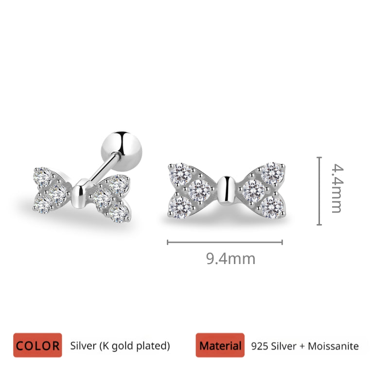 NerMoons 925 Silver Moissanite Earrings [Little Bow Tie Studs] Simple Basic Style