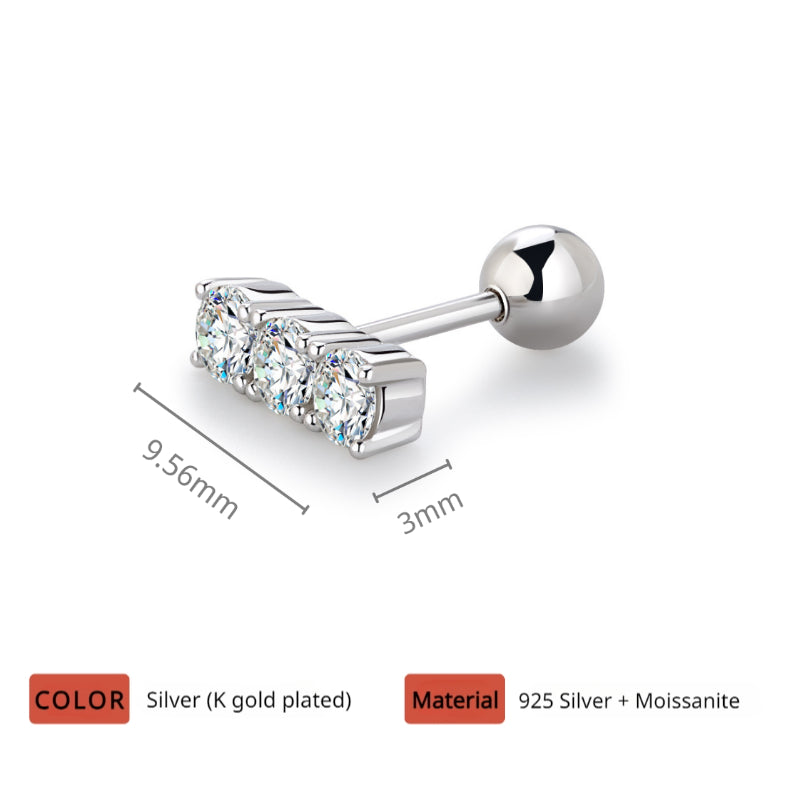 NerMoons 925 Silver Moissanite Earrings [Triple Diamond Row] Simple and Petite Studs