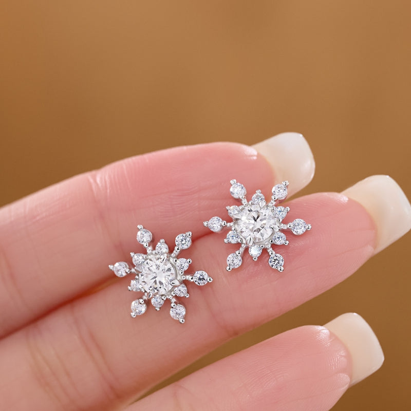 NerMoons 925 Silver Earrings [Snowflake Studs] Ice Flower Cut, High-End, Niche Appeal