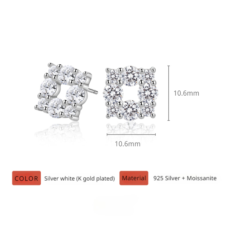 NerMoons 925 Silver Moissanite Earrings [Gleaming Square Studs] Light Luxury, High-End