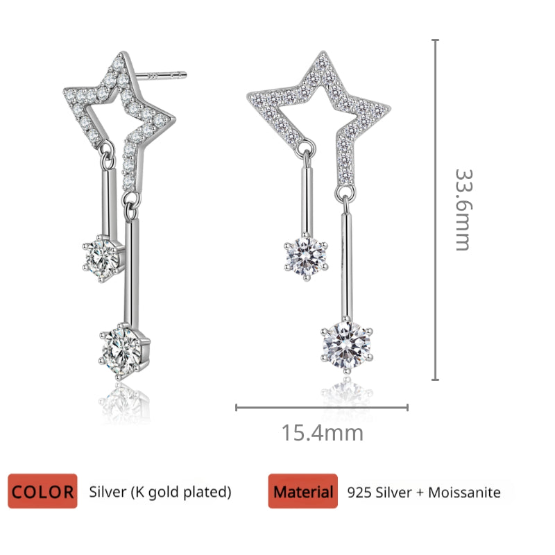 NerMoons 925 Silver Moissanite Earrings [Star Drops] High-End, Luxurious, and Grand