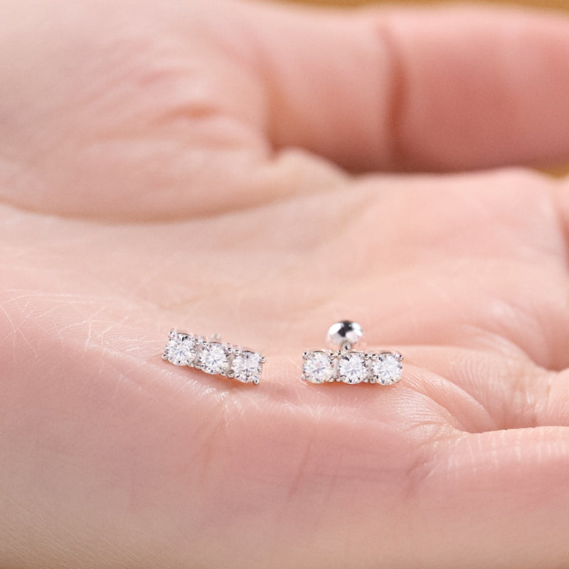 NerMoons 925 Silver Moissanite Earrings [Triple Diamond Row] Simple and Petite Studs